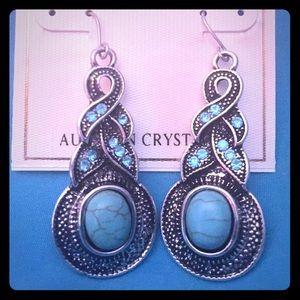 Silvertone crystal and turquoise dangle earrings
